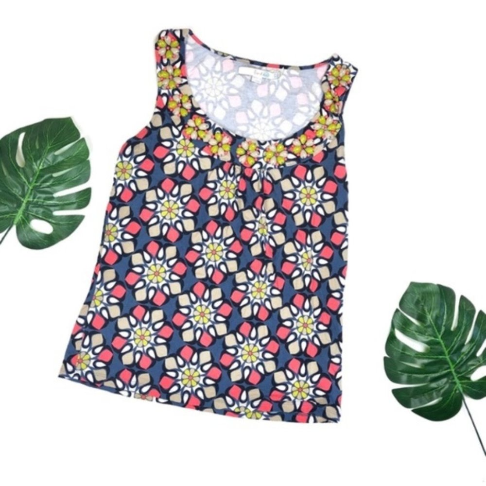 BODEN Blue Coral Floral Beaded Sleeveless Top Size 2